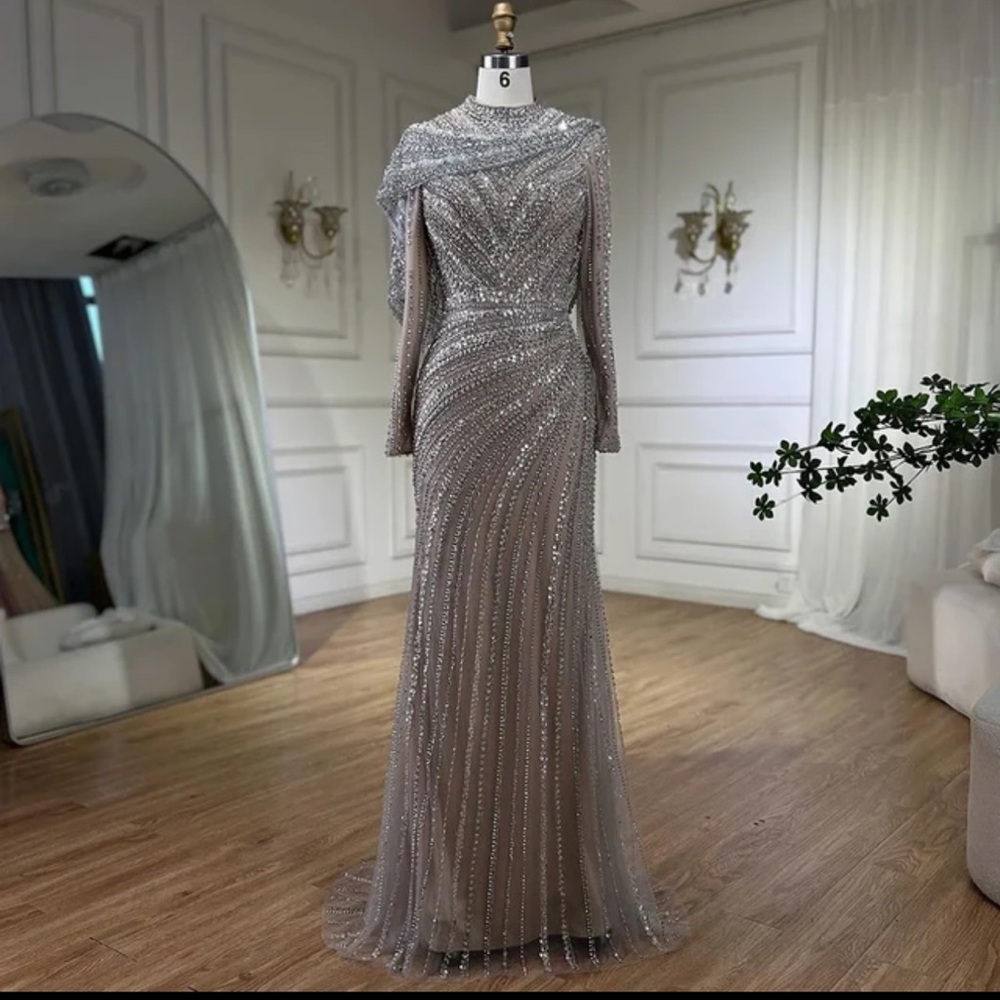 Dubai Arabia Muslim Modest Mermaid Long Cape Luxury Evening Dresses Gowns - Picture 1 of 8